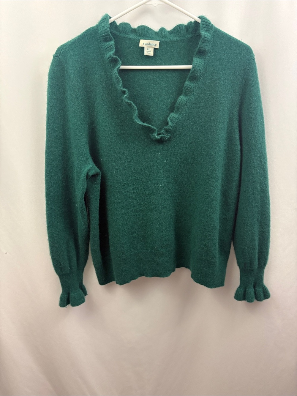 Sundance Womens Giselle Cashmere Sweater Sz PXL V Neck Ruffle Green Quiet Luxury